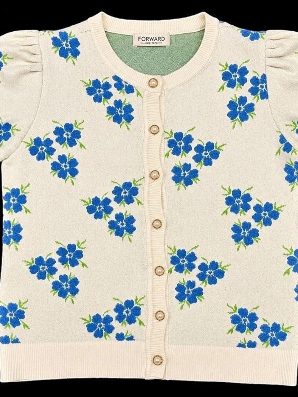 Forward Young Contemporary Blue Floral Puff Sleeve Cardigan L